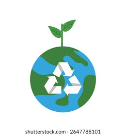 Globe graphic features a recycling symbol and plant sprout, symbolizing environmental awareness and sustainability on a clean white background for promoting eco-friendly initiatives.