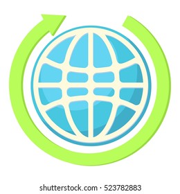 Globe and green arrow icon. Cartoon illustration of globe and green arrow vector icon for web