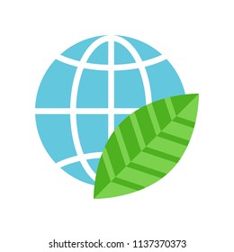 Globe and green leaf, flat design icon