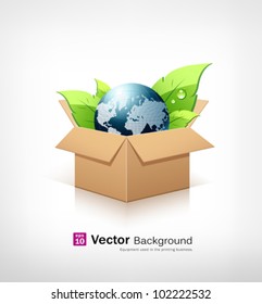 Globe and green leaf in recycle brown box. vector illustration