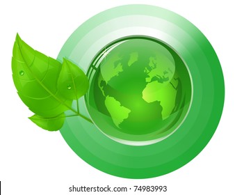 Globe and green leaves with drop of water. Eco Concept. Vector illustration.