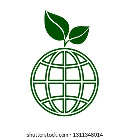 Globe with green leaves icon. Symbol of ecological, sustainable, green and pollution free planet. Vector Illustration