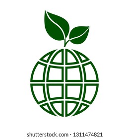 Globe with green leaves icon. Symbol of ecological, sustainable, green and pollution free planet. Vector Illustration