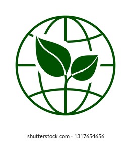 Globe with green leaves icon. Symbol of ecological, sustainable, green and pollution free planet. Vector Illustration