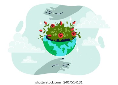 Globe mit grünen Pflanzen, die die ökologische Nachhaltigkeit und Stabilität symbolisieren, in der Nähe von Menschen Hände und Wolken. Konzept für die Umwelt, um die Umwelt vor Umweltverschmutzung und schädlichen Emissionen zu schützen