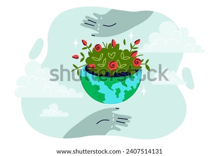 Globe with green plants symbolizing environmental sustainability and stability, near people hands and clouds. Concept caring for environment to save environment from pollution and harmful emissions