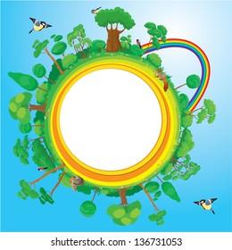 Globe with green trees, birds, animals, rainbow - eco concept