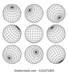 Globe grid. 3d sphere wires, earth network vector isolated set. Line sphere network, wire global grid, latitude structure illustration