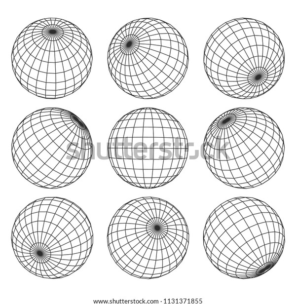 Globe grid. 3d sphere wires, earth network\
vector isolated set. Line sphere network, wire global grid,\
latitude structure\
illustration