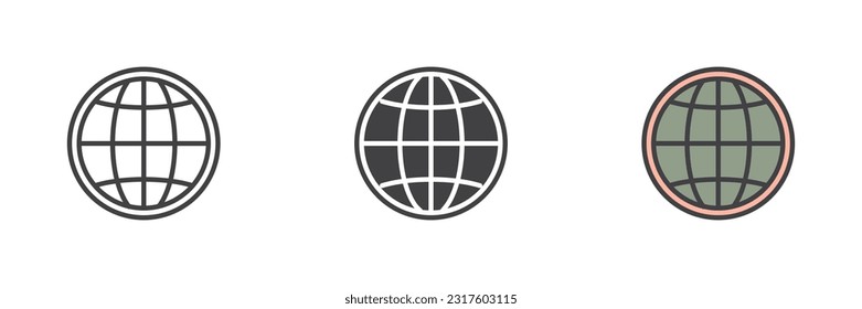 Globe grid different style icon set. Line, glyph and filled outline colorful version, world globe outline and filled vector sign. Symbol, logo illustration. Vector graphics