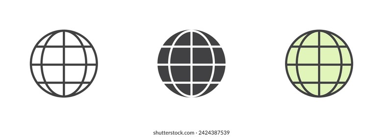 Globe grid different style icon set. Line, glyph and filled outline colorful version, outline and filled vector sign. world globe symbol, logo illustration. Vector graphics
