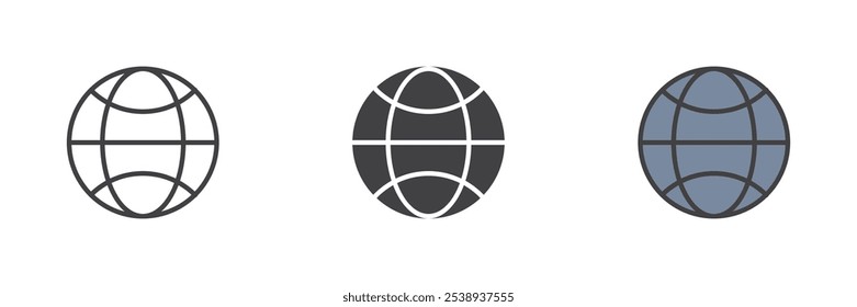 Conjunto de iconos de estilo diferente de cuadrícula de globo. Línea, glifo y contorno relleno versión colorida, contorno y signo de Vector relleno. Símbolo, ilustración del logotipo. Gráficos de Vector