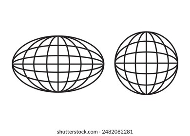 Globe grid icons. Elliptical and round shapes. Black line design. Isolated vector illustration.