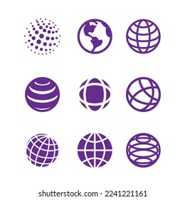 Globe-Gitterliniensymbole Set, Geografie Erde Globus, Vektorgrafik
