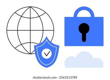 Globe with grid lines, blue padlock, shield with check mark, and cloud. Ideal for internet safety, data protection, global connections, cloud storage, and secure networks. Simple clean style