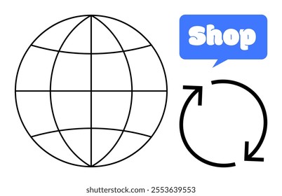 Globe with grid lines, recycling arrows in a circular motion, and blue shop label. Ideal for themes of global commerce, sustainability, eco-friendly practices, online business, and international