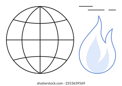 Globe with grid next to a blue and white flame symbolizes global connectivity and energy dynamics. Ideal for technology, communication, global networks, energy, education. Clean, modern, minimalistic