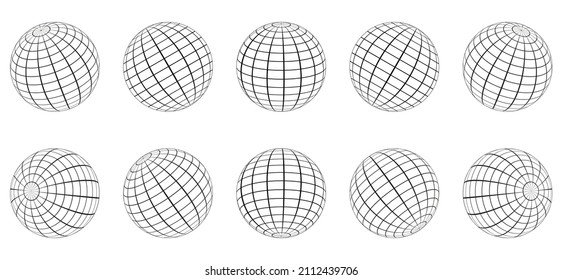 Globe Grid Sphere Set. 3D Wire Global Earth Latitude, Longitude. Geometric Grid Globe. Wired Line 3D Planet Globe. Round Grid Mesh Ball. Wireframe Globe Surface. Isolated Vector Illustration.