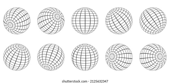 Globe Grid Sphere Set. 3D Wire Global Earth Latitude, Longitude. Geometric Grid Globe. Round Grid Mesh Ball. Wired Line 3D Planet Globe. Wireframe Globe Surface. Isolated Vector Illustration.