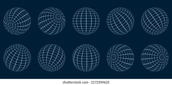 Globe Grid Sphere Set. 3D Wire Global Earth Latitude, Longitude. Geometric Grid Globe. Round Grid Mesh Ball. Wired Line 3D Planet Globe. Wireframe Globe Surface. Isolated Vector Illustration.