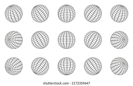 Globe Grid Sphere Set. 3D Wire Global Earth Latitude, Longitude. Geometric Grid Globe. Wired Line 3D Planet Globe. Round Grid Mesh Ball. Wireframe Globe Surface. Isolated Vector Illustration.