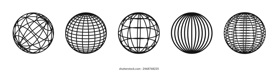 Globe grid spheres. Globes set. Geometric globe shapes