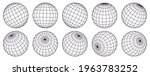 Globe grid spheres. Striped 3D spheres, geometry globe grid, earth latitude and longitude line grid vector symbol set. Spherical grid globe shapes. Illustration globe striped, global geography surface