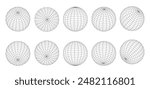 Globe grid spheres. Striped 3D wireframe spheres, geometry globe grid, earth latitude and longitude line grid vector symbols set