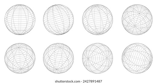 In: Globe Grid Sphere. Gestreifte 3D-Kugeln, Geometrie Globus-Gitter, Erde Breitengrad und Längengrad Linie Gitter Vektor-Symbole gesetzt. Kugelrasterkugelform