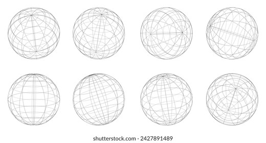 Globe grid spheres. Striped 3D spheres, geometry globe grid, earth latitude and longitude line grid vector symbols set. Spherical grid globe shapes