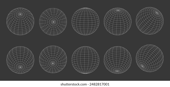 Globe grid spheres. Striped 3D wireframe spheres, geometry globe grid, earth latitude and longitude line grid vector symbols set	