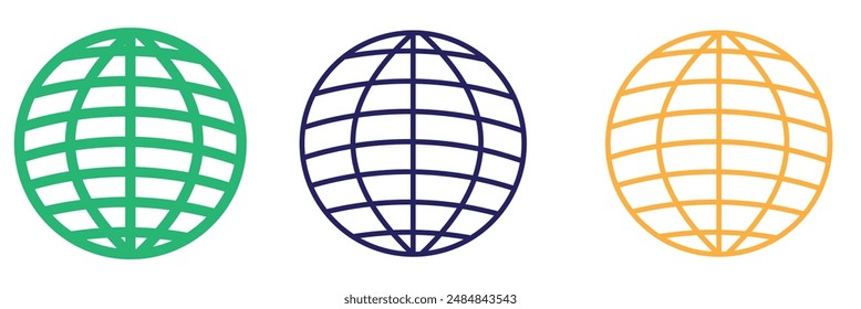 Esferas de rejilla del globo. Esferas 3D rayadas, cuadrícula de geometría, latitud de la tierra y línea de longitud cuadrícula Vector conjunto de símbolos. Formas de globo esférico. Globo de ilustración rayado, superficie geográfica global