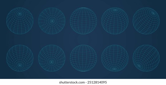 Esferas de rejilla de globo. Conjunto de símbolos de Vector de rejilla de longitud y latitud terrestre, rejilla de globo de geometría, esferas de estructura de alambre 3D rayadas