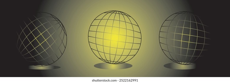 Esferas de rejilla de globo. Conjunto de símbolos de Vector de rejilla de longitud y latitud terrestre, rejilla de globo de geometría, esferas de estructura de alambre 3D rayadas