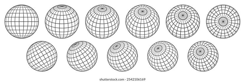 Esferas de rejilla de globo. Conjunto de símbolos de Vector de rejilla de longitud y latitud terrestre, rejilla de globo de geometría, esferas de estructura de alambre 3D rayadas