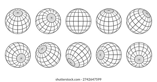 Globe grid spheres. Striped 3D wireframe spheres, geometry globe grid, earth latitude and longitude line grid vector symbols set