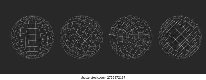 Globe grid spheres. Striped 3D spheres, geometry globe grid, Striped 3D orbs, Earth longitude and latitude line wireframe spheres, Earth globe hemispheres set. Geometry globe grid,