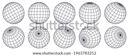 Globe grid spheres. Striped 3D spheres, geometry globe grid, earth latitude and longitude line grid vector symbol set. Spherical grid globe shapes. Illustration globe striped, global geography surface