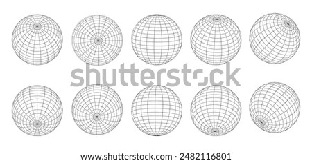 Globe grid spheres. Striped 3D wireframe spheres, geometry globe grid, earth latitude and longitude line grid vector symbols set