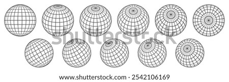 Globe grid spheres. Striped 3D wireframe spheres, geometry globe grid, earth latitude and longitude line grid vector symbols set