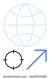 Globe grid, target icon, and upward blue arrow representing global connectivity, precision, and growth. Ideal for business strategy, global outreach, technology, digital marketing goal setting