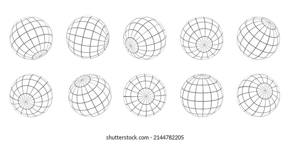 Globe grids. Gridded globes isolated, wire spheres for geographic longitude and latitude coordinates, parallels meridians 3d sphere earth shaping, outline grid circle wireframe