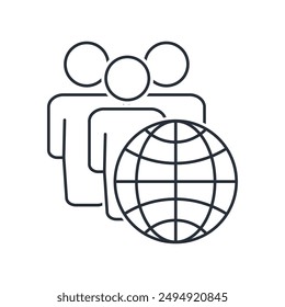 Globe and group of people. Global cooperation. Vector linear icon isolated on white background.