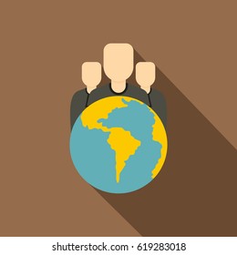 Globe and group of people icon. Flat illustration of globe and group of people vector icon for web