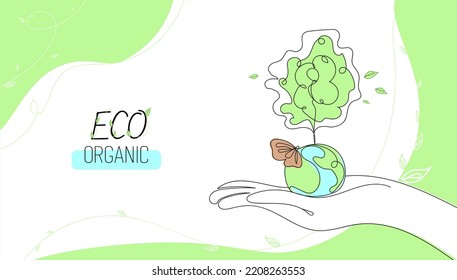 A globe and a growing tree in a human hand, with a flying butterfly.  Preservation of the environment, preservation of a clean planet, ecological concept.