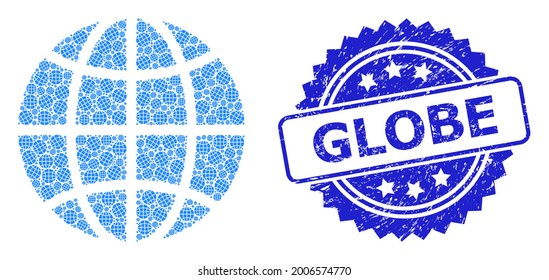 Globe grunge seal imitation and vector recursive collage globe. Blue stamp contains Globe tag inside rosette. Vector collage is organized with recursive rotated globe pictograms.