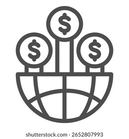 Mitad del globo con el icono de línea de árboles de moneda de dólar, concepto de tecnología financiera. Gráficos de Vector. Monedas con el globo del mundo, muestra global en el fondo blanco, icono del estilo del contorno para el móvil o el Diseño web