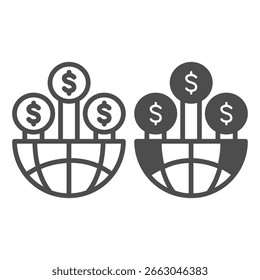 Mitad del globo con la línea de los árboles de la moneda del dólar y el icono sólido, concepto de la tecnología financiera. Gráficos de Vector. Monedas con el globo del mundo, muestra global en el fondo blanco, icono del estilo del contorno para el móvil o el Diseño web