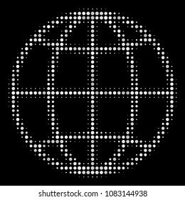 Globe halftone vector icon. Illustration style is dotted iconic globe symbol on a black background. Halftone texture is build of circle points.
