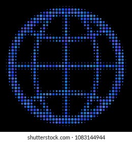 Globe halftone vector icon. Illustration style is pixelated iconic globe symbol on a black background. Halftone pattern is build with circle blots.